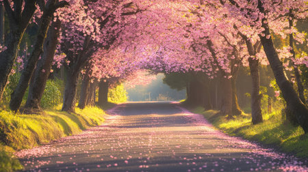 Romantic archway of cherry blossoms over a quiet country road in Joetsu City, Niigata, with a scattering of pink petals on the ground in the morning lightの素材