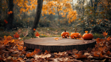Rustic wooden podium set in a vibrant autumn forest, surrounded by fallen leaves, pumpkins, and spooky Halloween-themed props. Perfect for seasonal product display.の素材