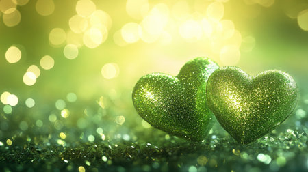 Sparkling green hearts with bokeh lights on a fresh, cute background, filled with glitter and charm.の素材