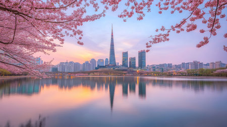 Seokchon Lake adorned with cherry blossoms, Lotte Worldaes iconic structures reflected in the water, capturing the harmony of nature and fun in springtime Seoulの素材