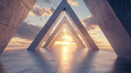 Symmetrical geometric corridor with sleek lines and sharp angles, leading to a serene sky with gentle clouds and sunlight, blending modernity with nature.の素材
