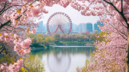 Scenic view of Seokchon Lake Park filled with cherry blossoms, with Lotte Worldaes Ferris wheel visible through the blooms, creating a magical spring sceneの素材