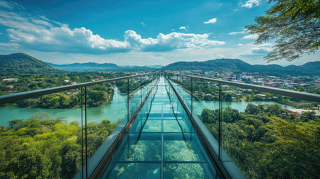 The transparent glass Skywalk in Kanchanaburi, Thailand, capturing the beauty of the city and river below, with lush greenery and blue skies creating a perfect summer backdrop.の素材