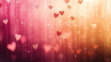 Valentine's Day backdrop with cascading hearts and a warm, glowing gradient, creating a love-filled and festive scene.の素材