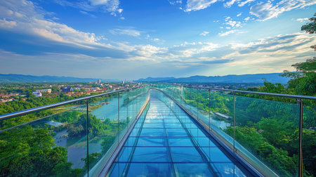The transparent glass Skywalk in Kanchanaburi, Thailand, capturing the beauty of the city and river below, with lush greenery and blue skies creating a perfect summer backdrop.の素材