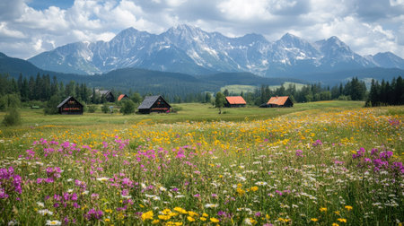 The Tatra Mountains rise majestically above a field of colorful flowers, with cozy cottages nestled in Gasienicowa Valley's summer beauty.の素材