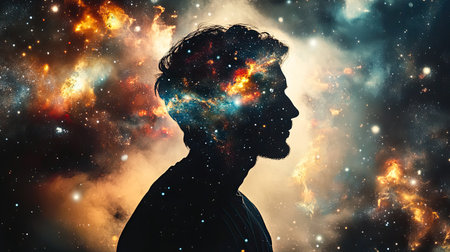 The universe within a man's silhouette, blending cosmic elements with physics equations, exploring the philosophical depth of existence. Elements furnished by NASAの素材