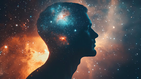 The universe inside a manaes silhouette, featuring stars, galaxies, and mathematical symbols, expressing the connection between the cosmos and human thought. Elements furnished by NASAの素材