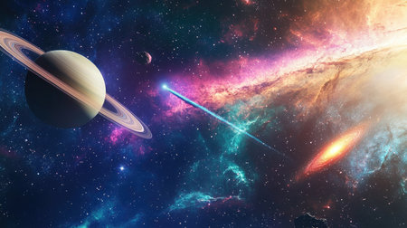 View from space capturing Saturn, a colorful nebula, and distant galaxies, with a meteorite and a comet streaking through the stars. Elements furnished by NASAの素材