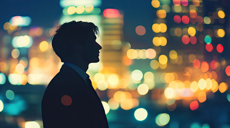 Young businessman's silhouette side view against a bright city at night, symbolizing the ambition of corporate life.の素材