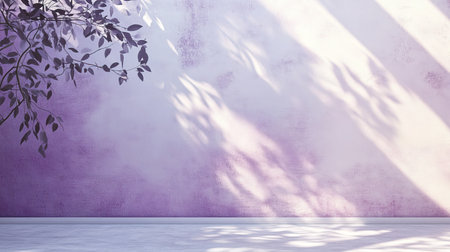 Wall interior with a white and purple backdrop, featuring subtle leaf shadows for a modern look.の素材