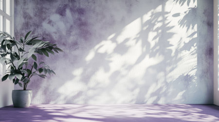 Wall interior with white and purple backdrop, featuring delicate leaf shadows for a serene studio setting.の素材
