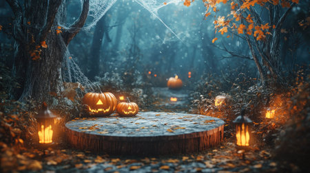 Wooden podium in an enchanted autumn forest, decorated with pumpkins, lanterns, and cobwebs, ready for a Halloween-themed product presentation.の素材