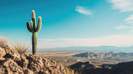 A lone cactus growing on a rocky hilltop, with the vast desert landscape stretching out below, under a clear, blue sky, capturing a sense of solitude and resilienceの素材