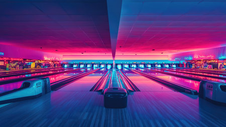 Wide shot of a bowling alley in Jakarta, Indonesia, with rows of lanes, players holding cues, and neon lighting creating a vibrant, energetic sceneの素材