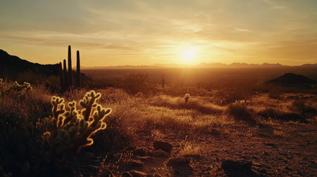Wide shot of a cactus field at sunset, with the setting sun casting long shadows across the desert floor, and the sky painted in warm hues of orange and pinkの素材