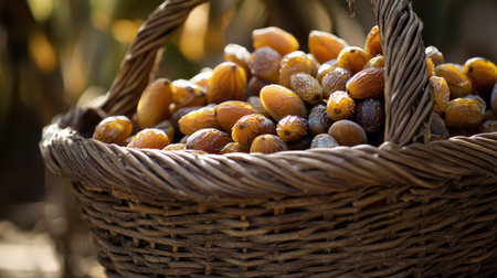 A basket overflowing with freshly picked dates, showcasing their rich, golden color and natural sweetness.の素材