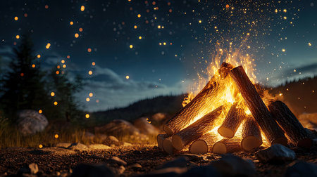 A stack of firewood beside a roaring campfire, with flames flickering and sparks flying, set in a natural outdoor setting under a starry night skyの素材