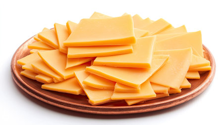A copper plate filled with fresh cheddar cheese slices, arranged neatly in a fan shape, with a clean white background to emphasize the cheese's vibrant colorの素材
