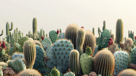 A cactus field with a variety of species growing close together, their different shapes and textures creating a unique and diverse desert garden sceneの素材