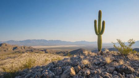 A lone cactus growing on a rocky hilltop, with the vast desert landscape stretching out below, under a clear, blue sky, capturing a sense of solitude and resilienceの素材