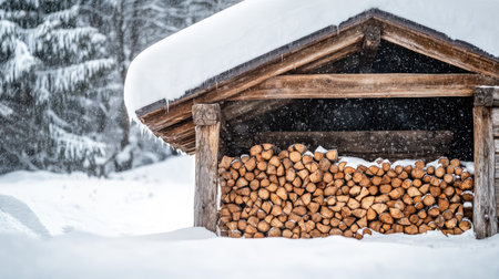 A stack of chopped firewood under a snow-covered roof, creating a cozy winter scene with the contrast of fresh snow and seasoned wood ready for the fireplaceの素材