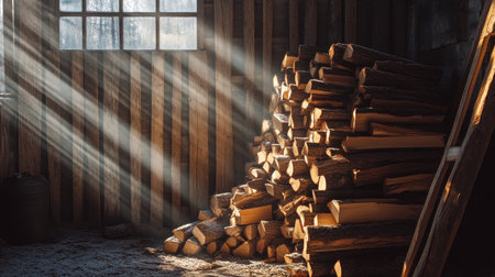 A stack of firewood piled high in a wooden shed, with sunlight filtering through the slats and casting shadows on the logs, creating a rustic sceneの素材