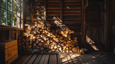 A stack of firewood piled high in a wooden shed, with sunlight filtering through the slats and casting shadows on the logs, creating a rustic sceneの素材