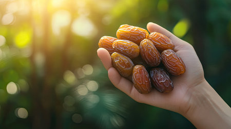 A hand holding a bunch of fresh dates against a blurred outdoor background, emphasizing their size and glossy appearance, with natural sunlight highlighting detailsの素材