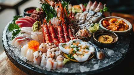A stunning arrangement of fresh sashimi and raw seafood on a large ice-filled platter, with a side of dipping sauces, creating a luxurious dining presentationの素材