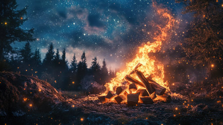 A pile of firewood next to a roaring campfire, with flames dancing and sparks flying, set against a backdrop of a dark forest and starry skyの素材