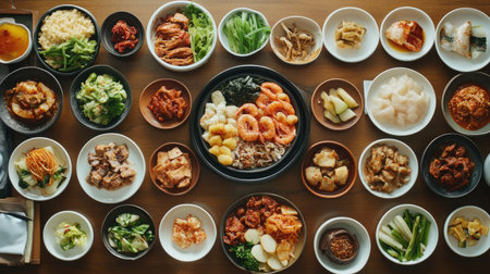 A traditional Korean dinner table filled with various dishes, including soy sauce shrimp, bibimbap, spicy pork, and assorted vegetable side dishes, top viewの素材
