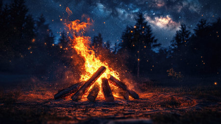 A pile of firewood next to a roaring campfire, with flames dancing and sparks flying, set against a backdrop of a dark forest and starry skyの素材