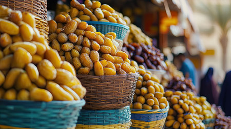 A traditional Middle Eastern market stall selling fresh dates, with piles of the dark yellow fruit displayed in colorful baskets.の素材