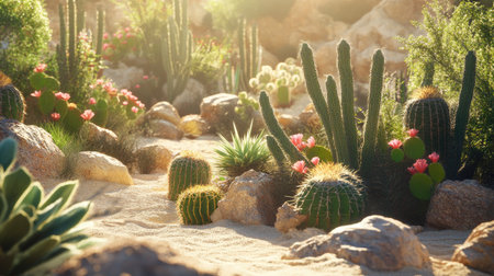 A variety of cacti with different shapes and sizes growing together in a desert garden, with the bright sun casting shadows across the sandy terrainの素材