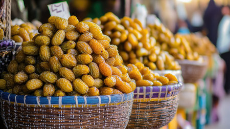 A traditional Middle Eastern market stall selling fresh dates, with piles of the dark yellow fruit displayed in colorful baskets.の素材