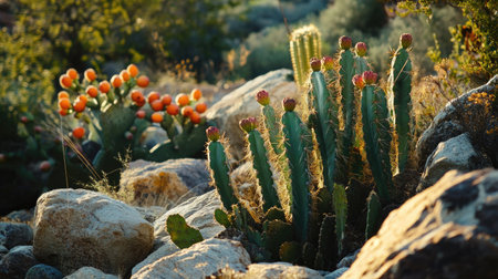 Cereus Grandiflorus cactus with its tall, column-like stems growing among rocks, with an Opuntia cactus bearing colorful prickly pear fruits in the backgroundの素材