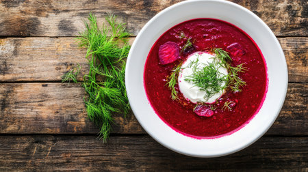 A white bowl of steaming beetroot soup, garnished with fresh dill and sour cream, vibrant red color, healthy and flavorful, served on a wooden table, top viewの素材