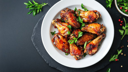 A white plate filled with crispy roasted chicken wings, garnished with green herbs, placed on a black stone background. Delicious and appetizing food shotの素材