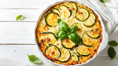 A wholesome zucchini casserole in creamy cheese sauce, baked in a white dish and placed on a white wooden surface, highlighting the beauty of simple, comforting vegetarian food,の素材