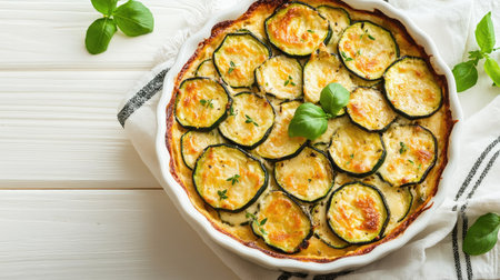 A wholesome zucchini casserole in creamy cheese sauce, baked in a white dish and placed on a white wooden surface, highlighting the beauty of simple, comforting vegetarian food,の素材