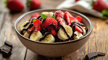 An enticing dessert bowl filled with fresh bananas, strawberries, and a generous drizzle of melted chocolate, presented on a wooden table for a mouthwatering presentationの素材