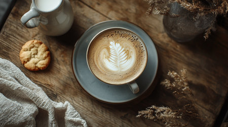 A warm, inviting shot of a latte with leaf-shaped art, a cookie, and fresh milk, set on a rustic wooden table, surrounded by soft morning lightの素材