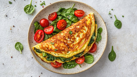 A wholesome stuffed omelette with tomatoes and spinach, photographed from above on a light stone background, highlighting the vibrant colors and textures of this healthy meal,の素材