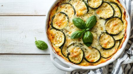A wholesome zucchini casserole in creamy cheese sauce, baked in a white dish and placed on a white wooden surface, highlighting the beauty of simple, comforting vegetarian food,の素材