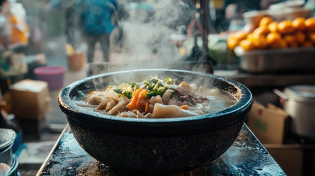A warm bowl of Samgyetang in a traditional Korean stone bowl, with steam rising from the soup, set against the backdrop of a vibrant Busan street marketの素材