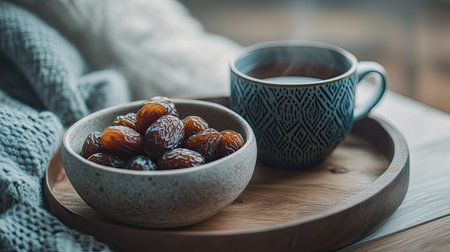Bowl of Medjool dates with a cup of hot tea beside it, placed on a wooden tray, capturing a cozy, comforting atmosphere perfect for a tea time settingの素材