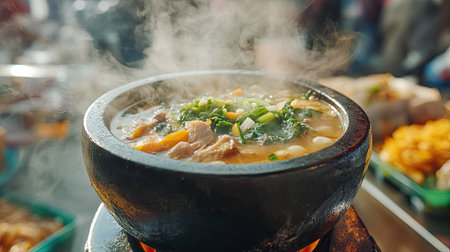 A warm bowl of Samgyetang in a traditional Korean stone bowl, with steam rising from the soup, set against the backdrop of a vibrant Busan street marketの素材