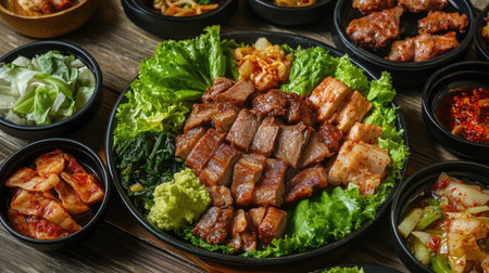 An assortment of Korean side dishes arranged around a central plate of braised pork, with a bowl of slush and fresh lettuce, creating a colorful and appetizing mealの素材
