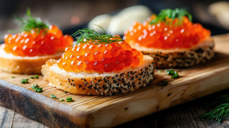 A wooden cutting board with three sandwiches topped with red caviar and garnished with dill, offering a refined fish delicacy for gourmet dining settingsの素材